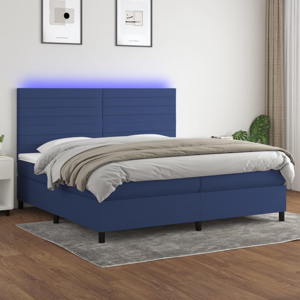 kék szövet rugós és LED-es ágy matraccal 200 x 200 cm