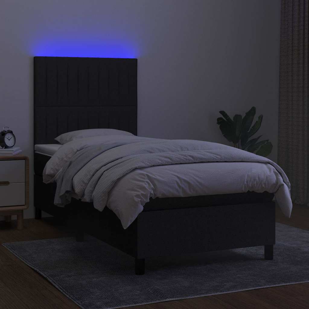 fekete szövet rugós és LED-es ágy matraccal 80 x 200 cm