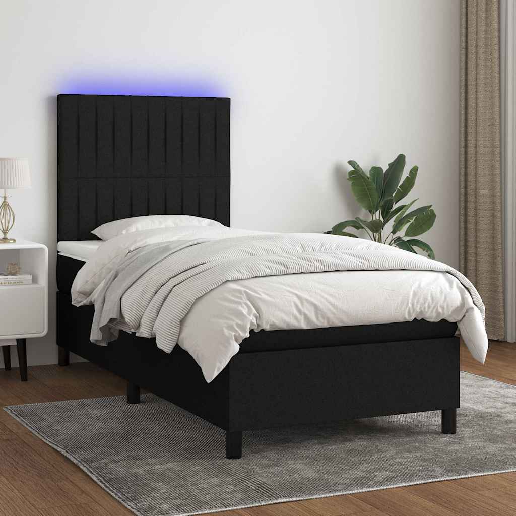 fekete szövet rugós és LED-es ágy matraccal 80 x 200 cm