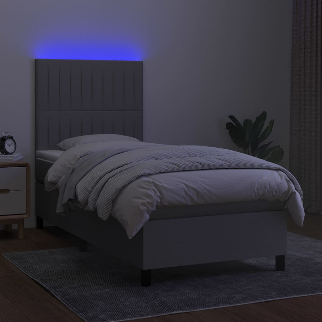 világosszürke szövet rugós és LED-es ágy matraccal 90x190 cm