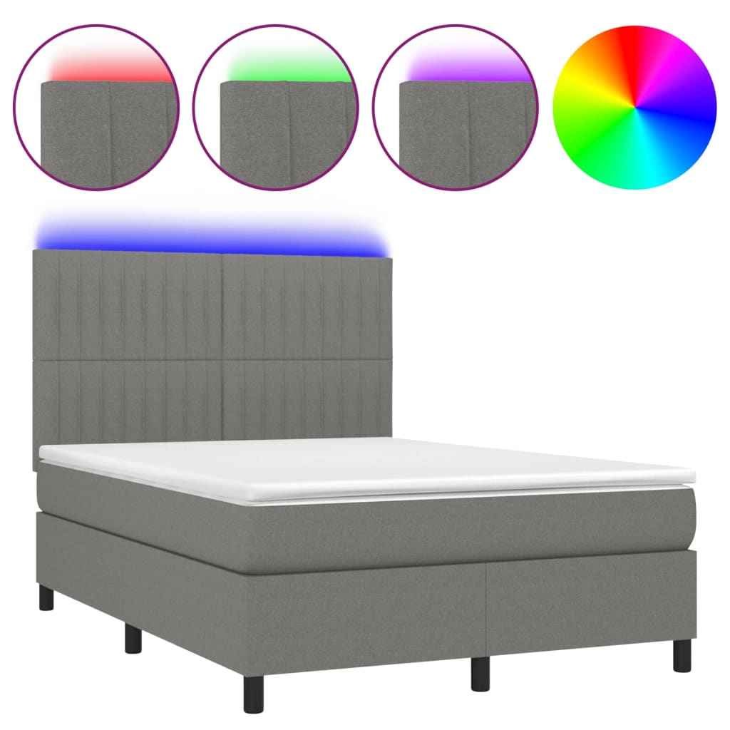 sötétszürke szövet rugós és LED-es ágy matraccal 140x190 cm