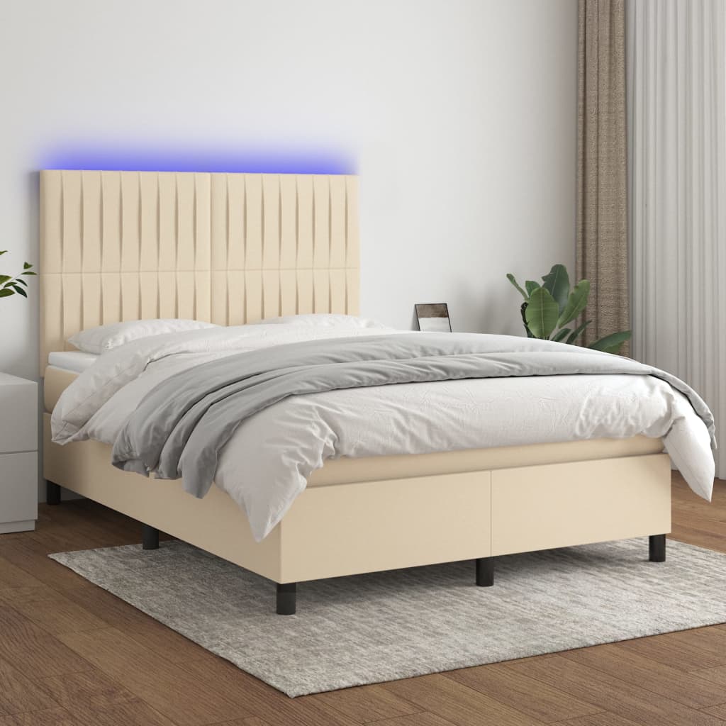 krémszínű szövet rugós és LED-es ágy matraccal 140x190cm