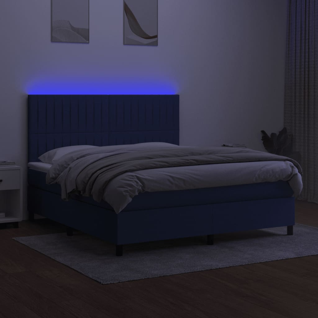 kék szövet rugós és LED-es ágy matraccal 180 x 200 cm