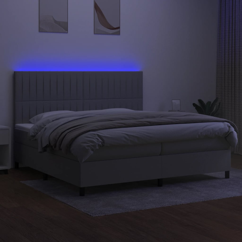 világosszürke szövet rugós és LED-es ágy matraccal 200x200 cm