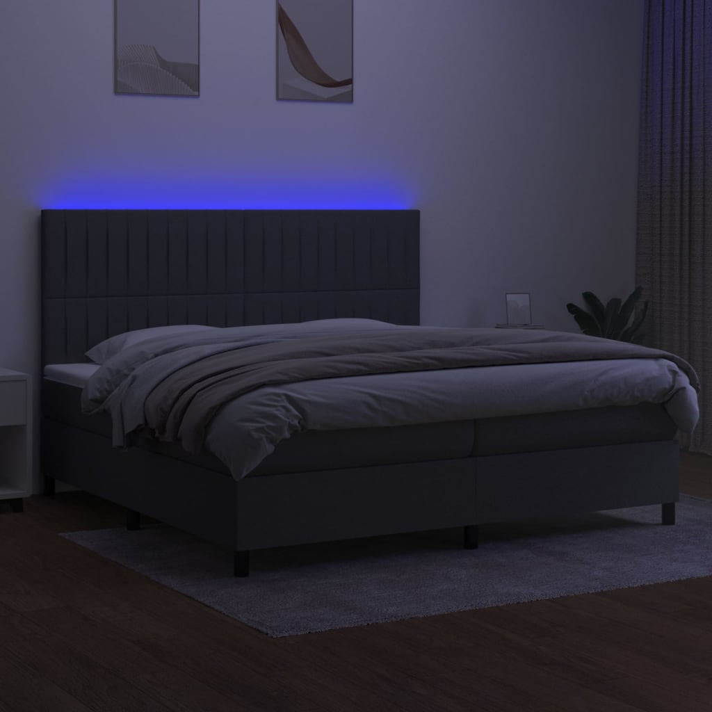 sötétszürke szövet rugós és LED-es ágy matraccal 200x200 cm