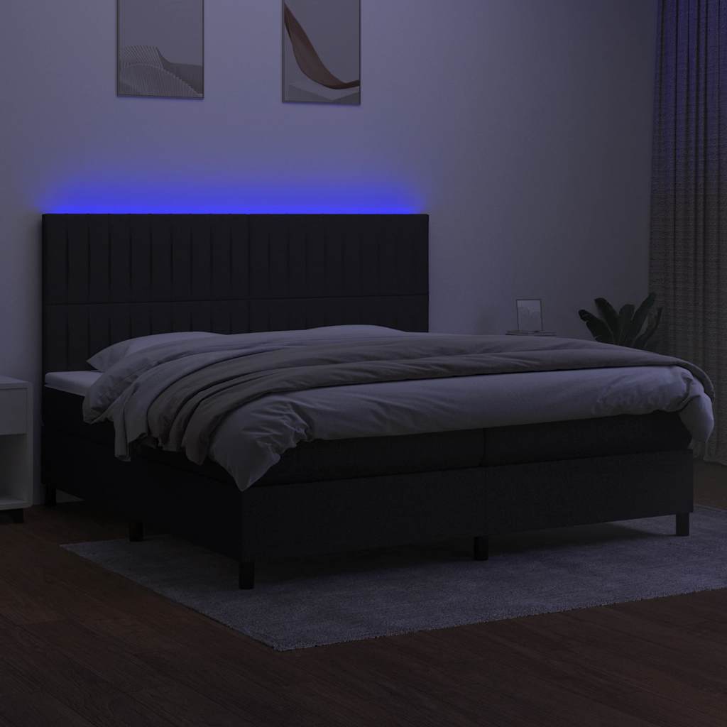 fekete szövet rugós és LED-es ágy matraccal 200x200 cm