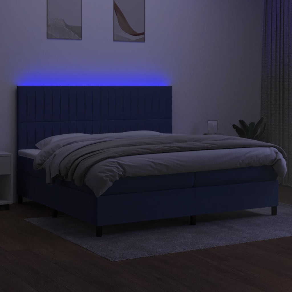 kék szövet rugós és LED-es ágy matraccal 200 x 200 cm