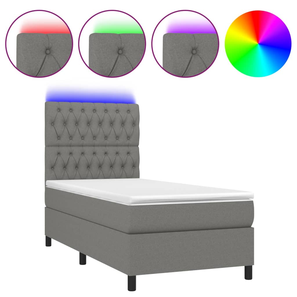 sötétszürke szövet rugós és LED-es ágy matraccal 80 x 200 cm