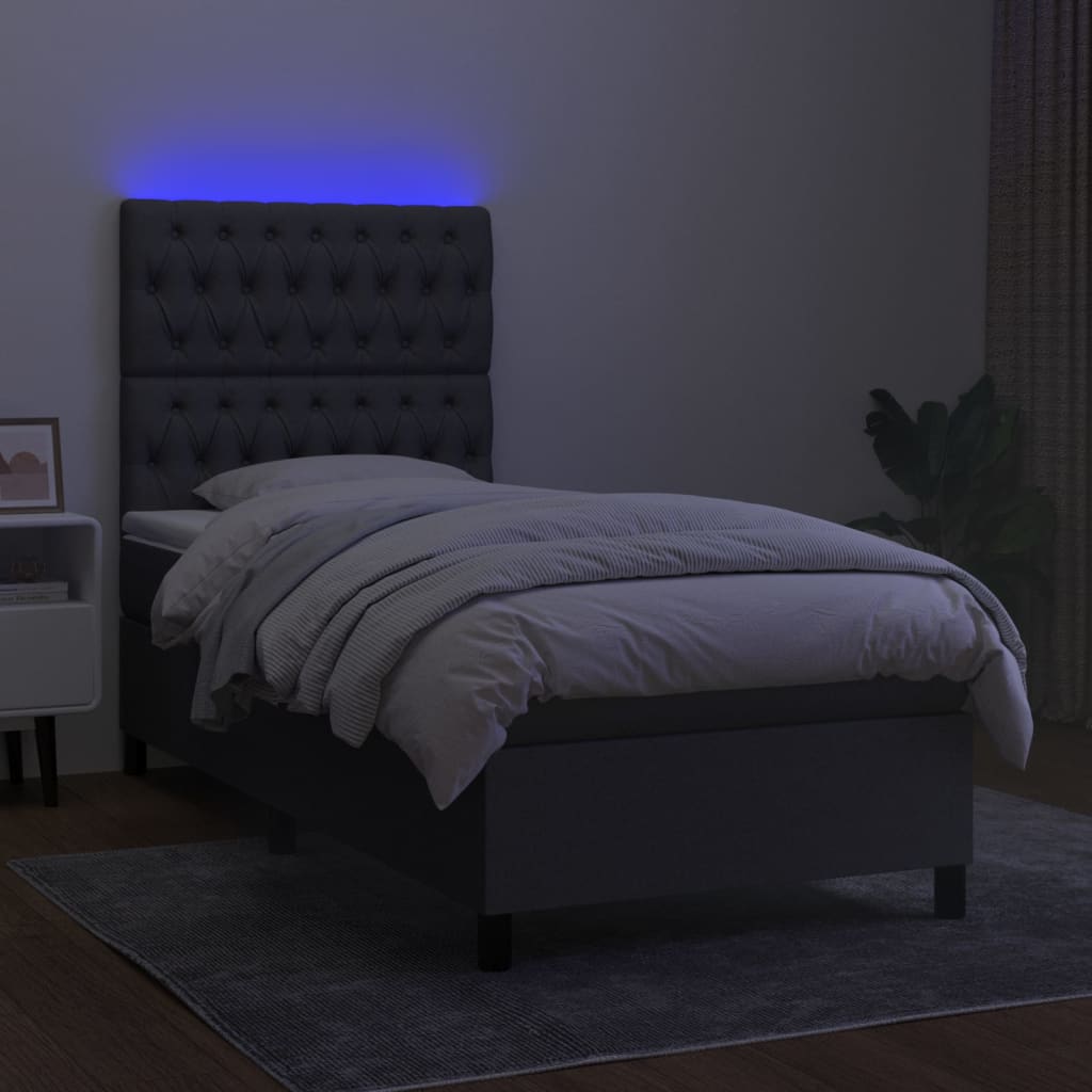 sötétszürke szövet rugós és LED-es ágy matraccal 80 x 200 cm
