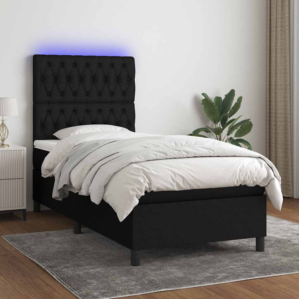 fekete szövet rugós és LED-es ágy matraccal 90x190 cm