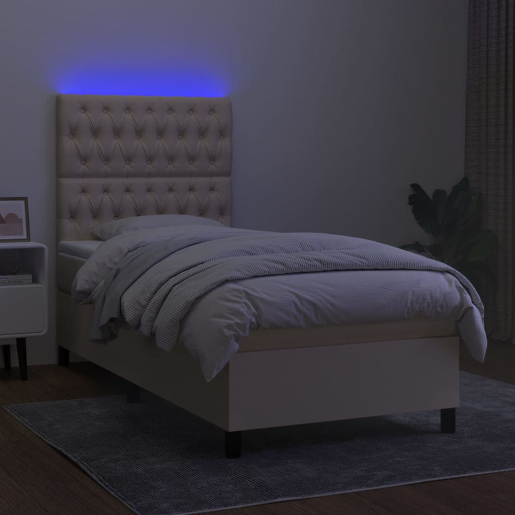 krémszínű szövet rugós és LED-es ágy matraccal 90x190 cm