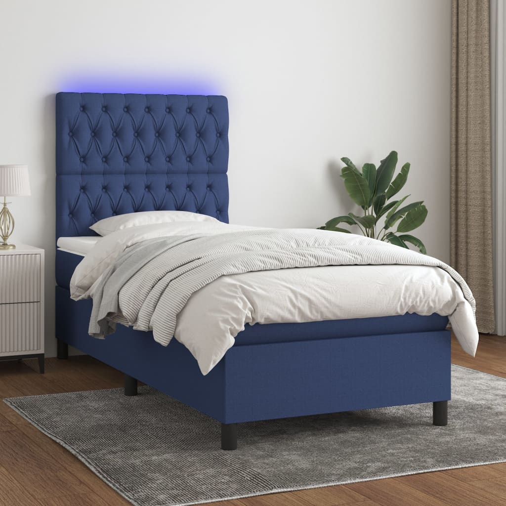 kék szövet rugós és LED-es ágy matraccal 90x190 cm