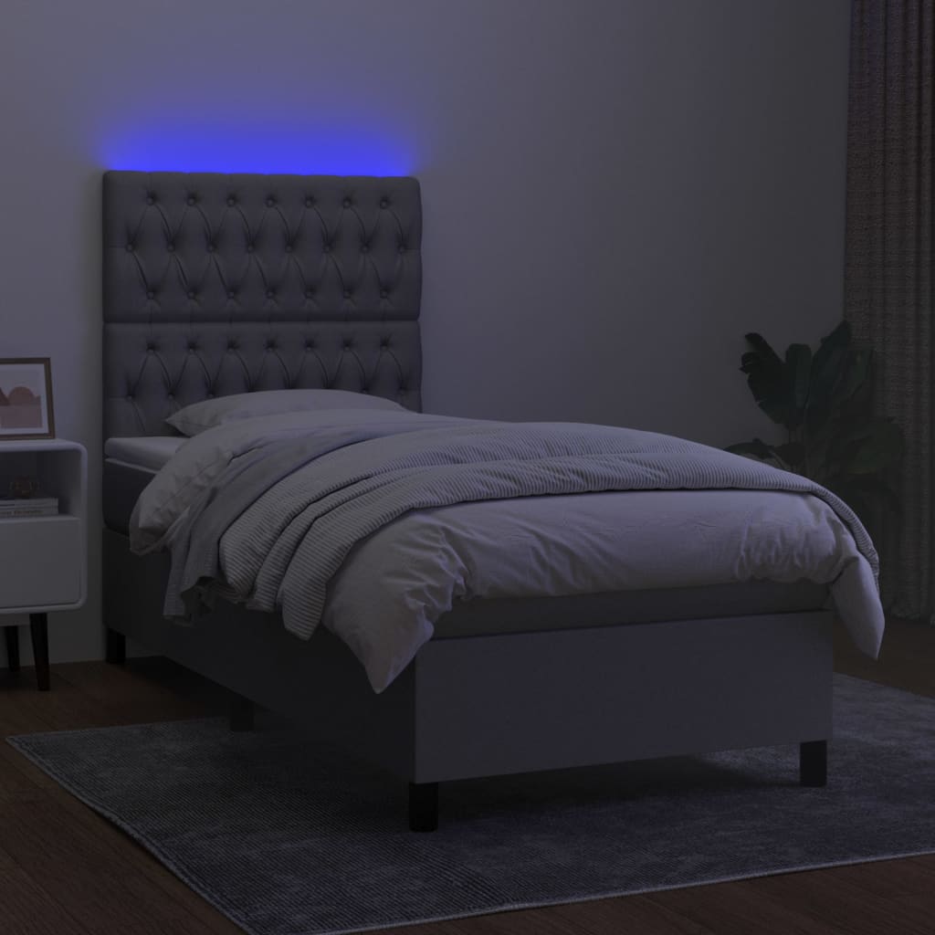 világosszürke szövet rugós és LED-es ágy matraccal 90x200 cm