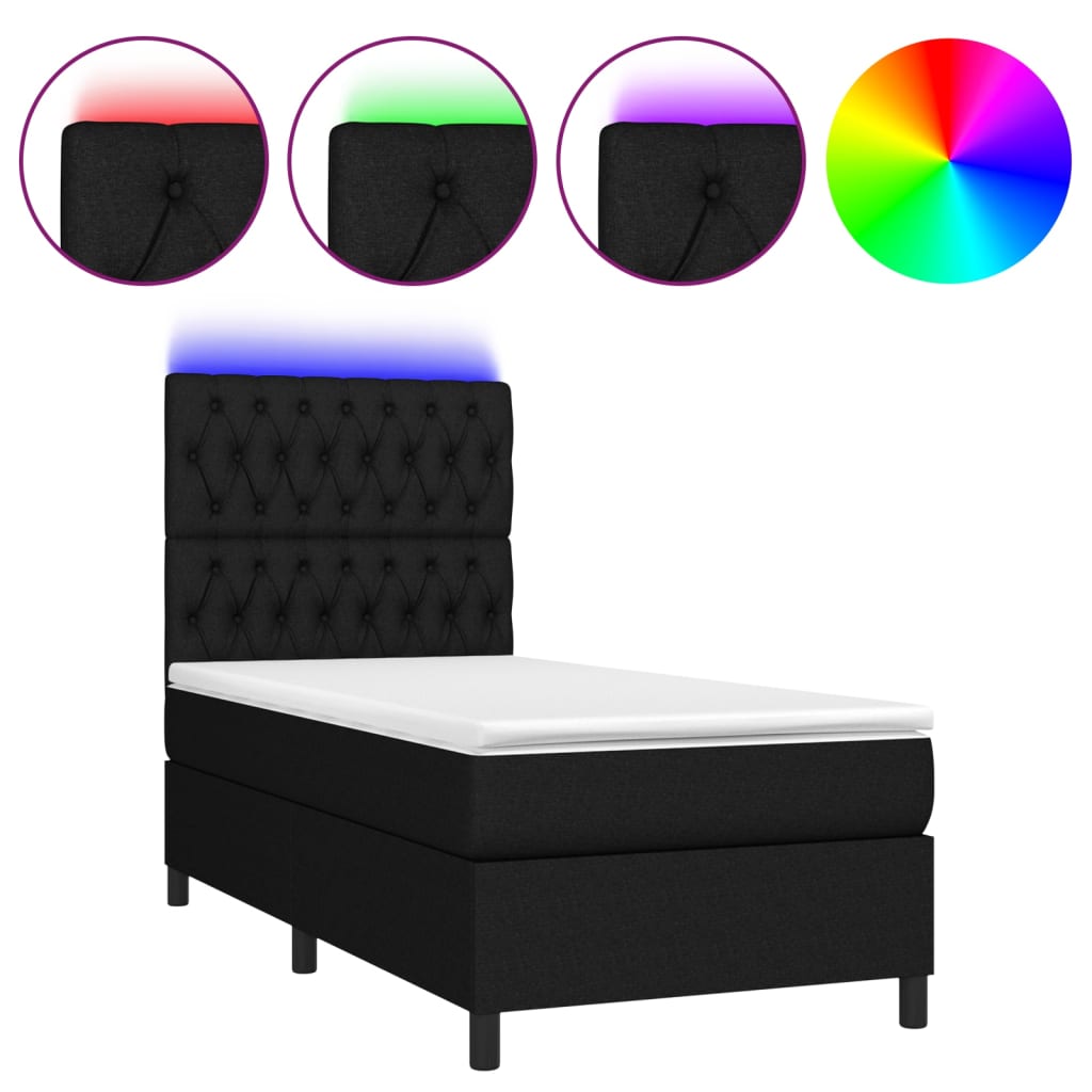 fekete szövet rugós és LED-es ágy matraccal 90x200 cm