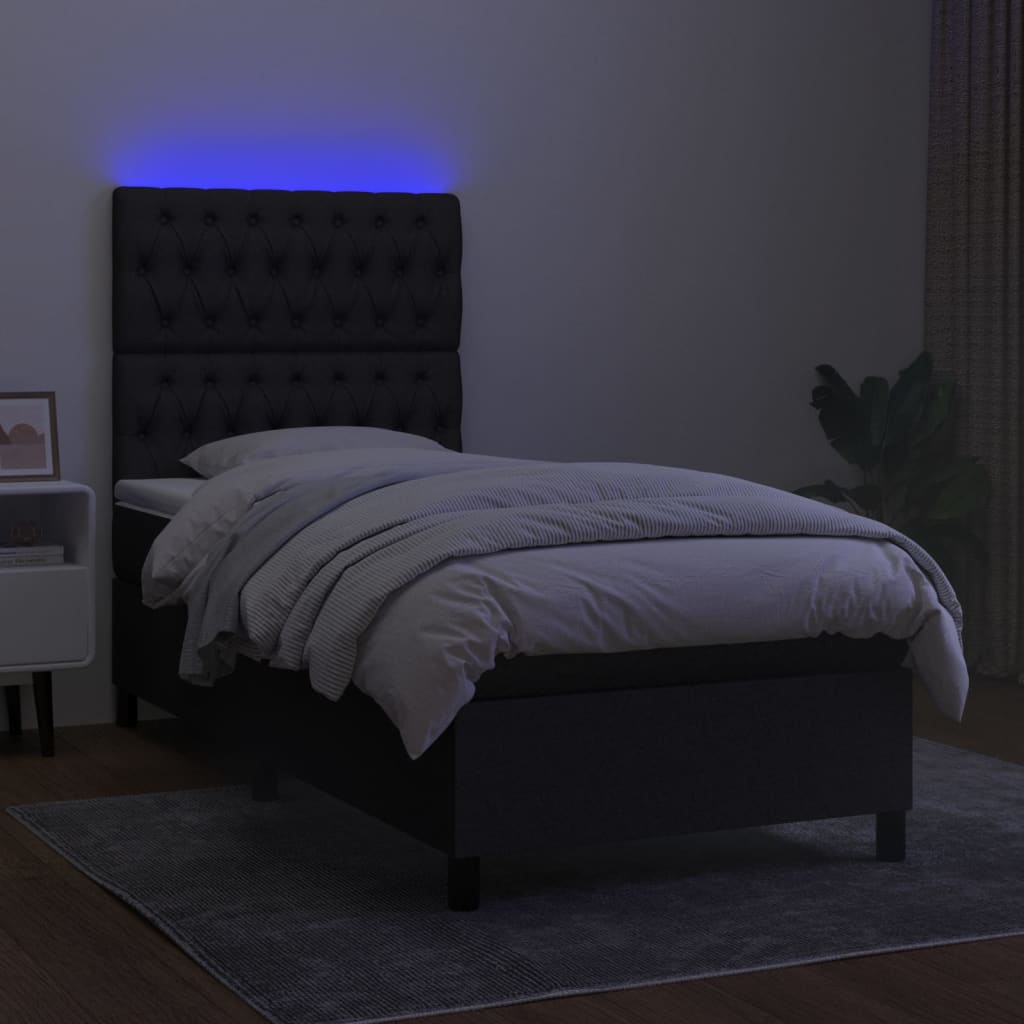 fekete szövet rugós és LED-es ágy matraccal 90x200 cm