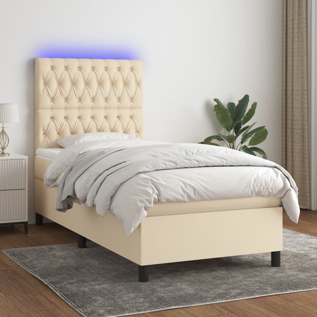 krémszínű szövet rugós és LED-es ágy matraccal 90x200 cm