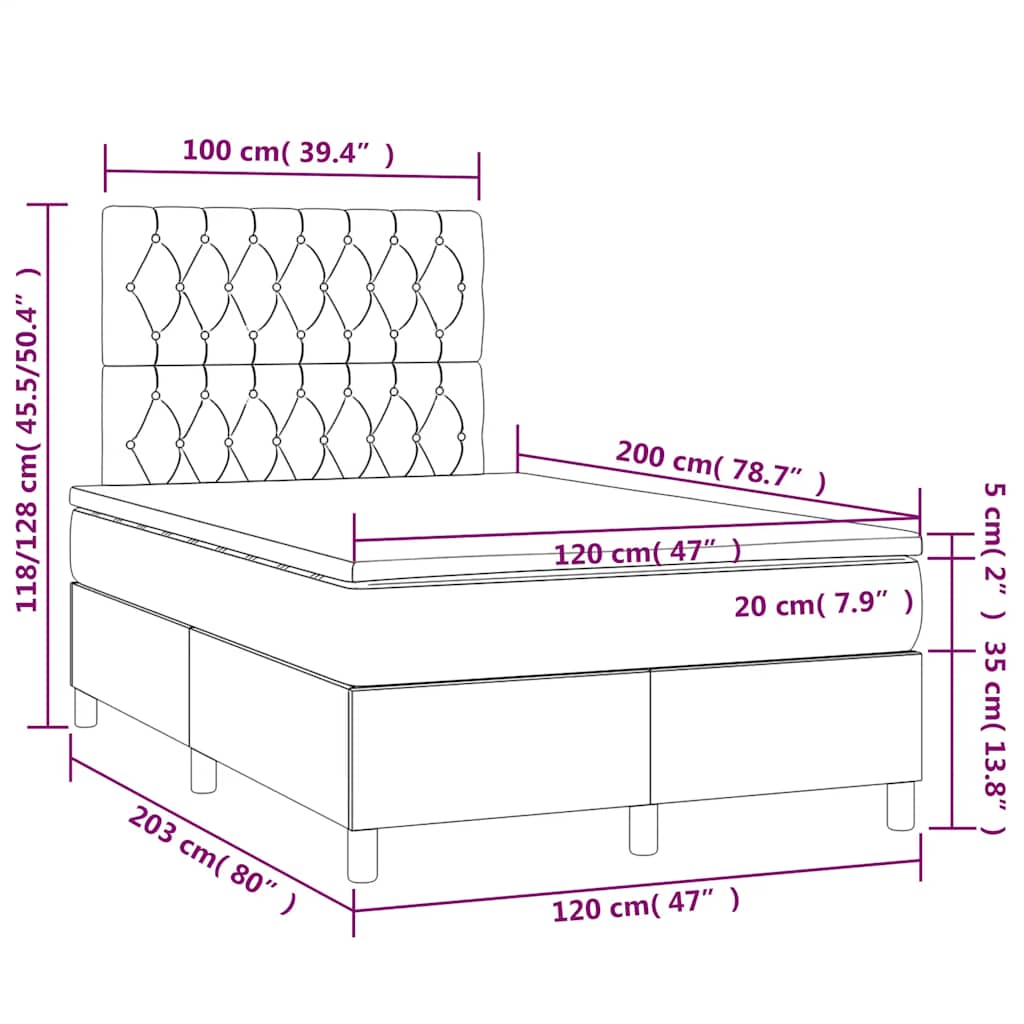 fekete szövet rugós és LED-es ágy matraccal 120 x 200 cm