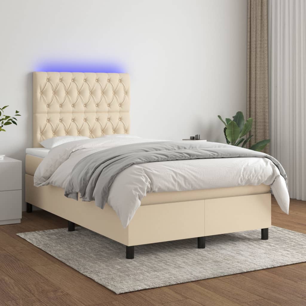 krémszínű szövet rugós és LED-es ágy matraccal 120 x 200 cm
