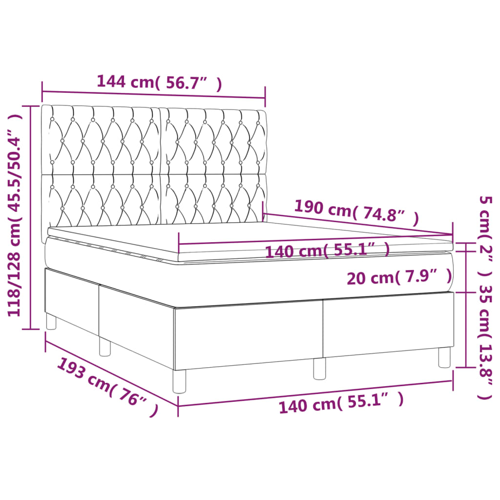 sötétszürke szövet rugós és LED-es ágy matraccal 140x190 cm