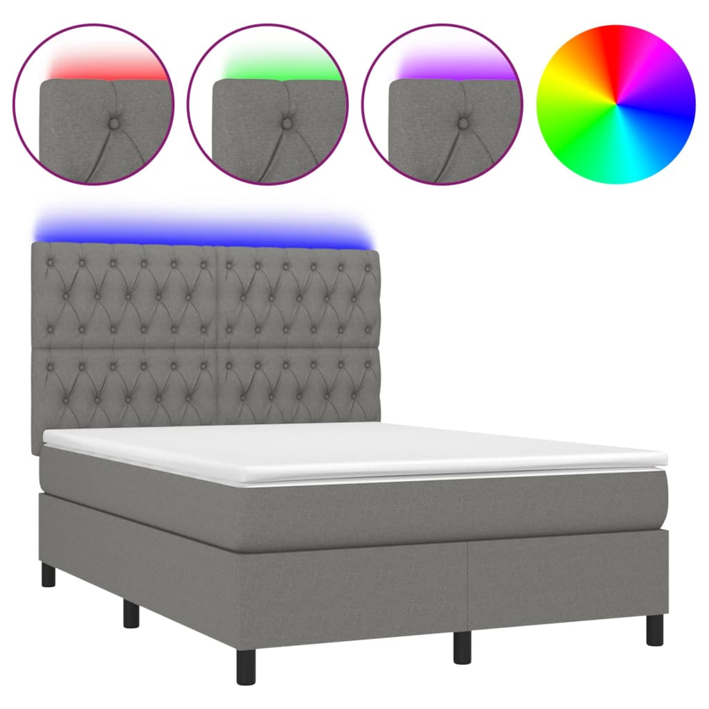 sötétszürke szövet rugós és LED-es ágy matraccal 140x190 cm