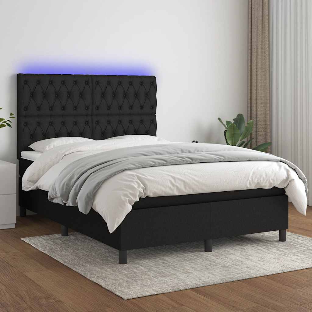 fekete szövet rugós és LED-es ágy matraccal 140x200 cm