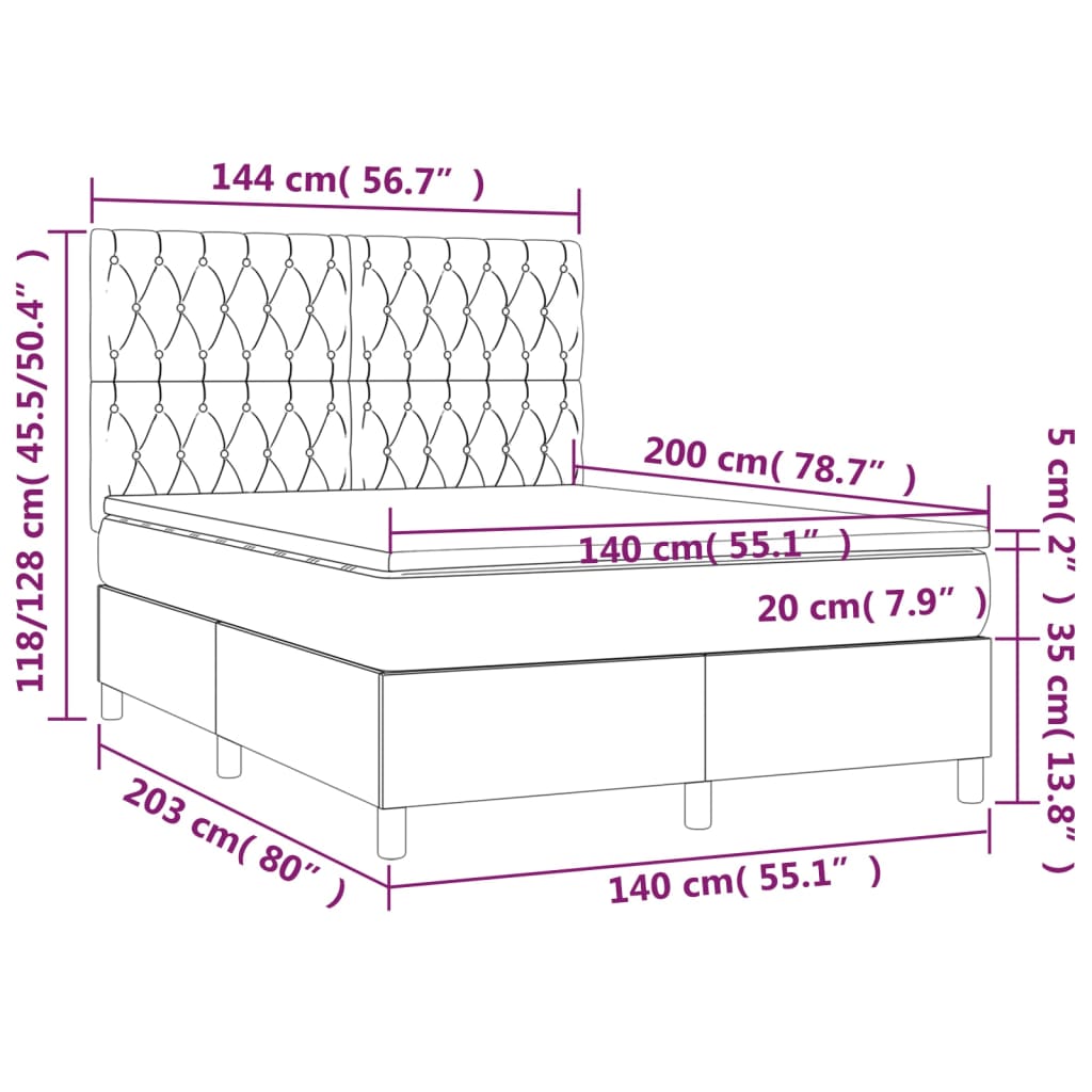 tópszínű szövet rugós és LED-es ágy matraccal 140x200 cm