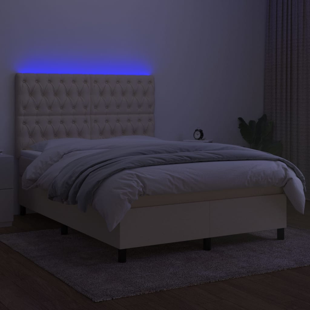 krémszínű szövet rugós és LED-es ágy matraccal 140x200 cm