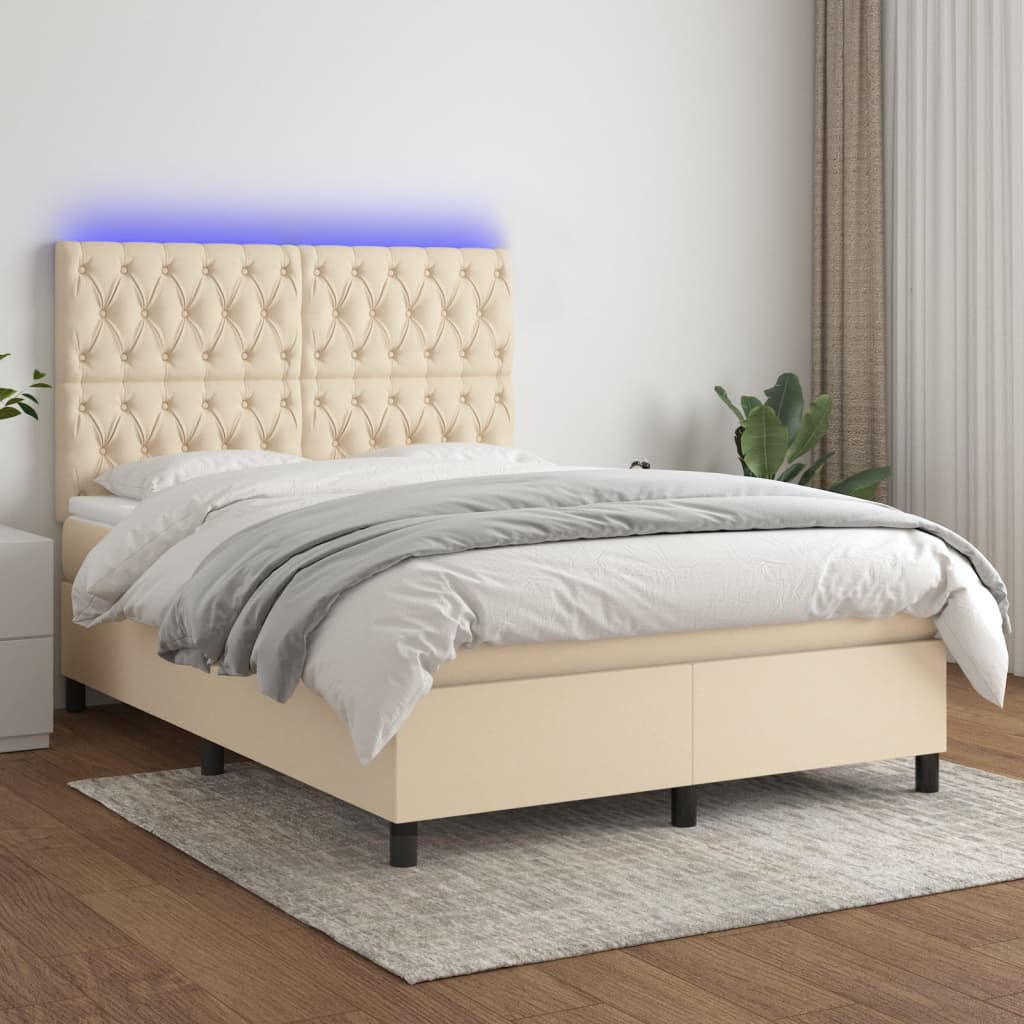 krémszínű szövet rugós és LED-es ágy matraccal 140x200 cm