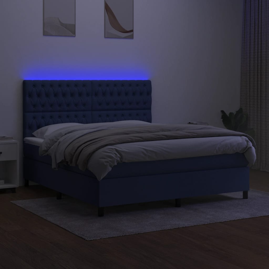 kék szövet rugós és LED-es ágy matraccal 160x200 cm