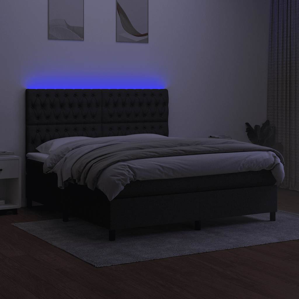 fekete szövet rugós és LED-es ágy matraccal 180 x 200 cm