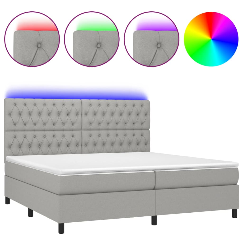 világosszürke szövet rugós és LED-es ágy matraccal 200x200 cm