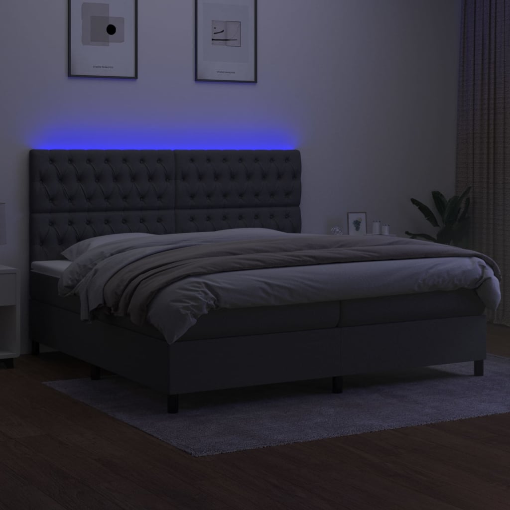 sötétszürke szövet rugós és LED-es ágy matraccal 200x200 cm