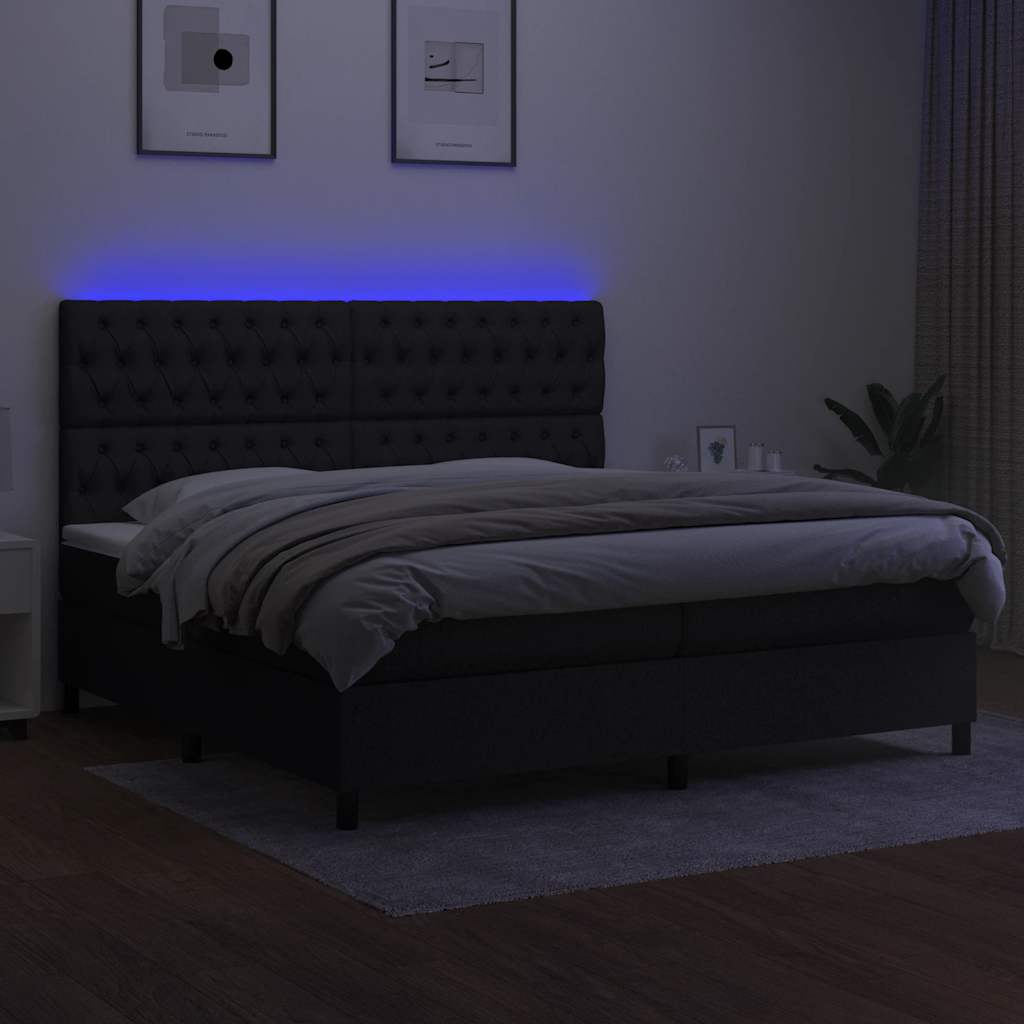 fekete szövet rugós és LED-es ágy matraccal 200x200 cm
