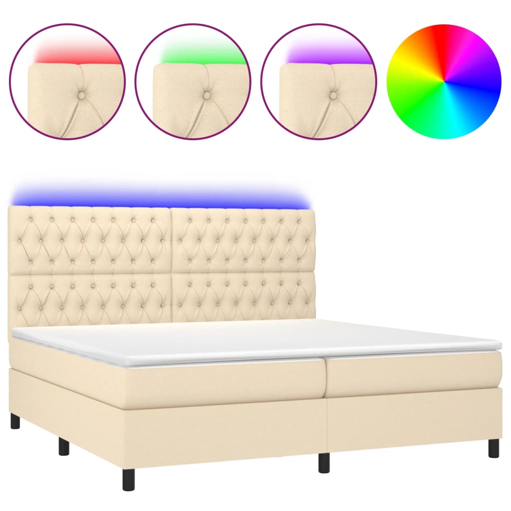 krémszínű szövet rugós és LED-es ágy matraccal 200 x 200 cm