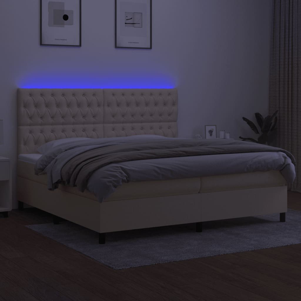 krémszínű szövet rugós és LED-es ágy matraccal 200 x 200 cm
