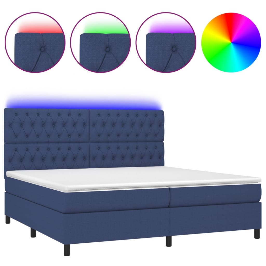 kék szövet rugós és LED-es ágy matraccal 200 x 200 cm