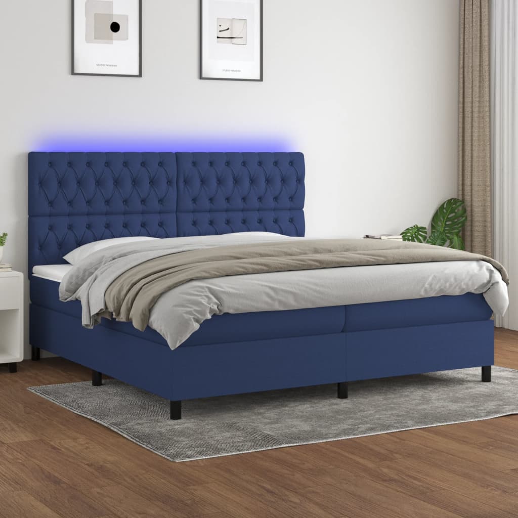 kék szövet rugós és LED-es ágy matraccal 200 x 200 cm