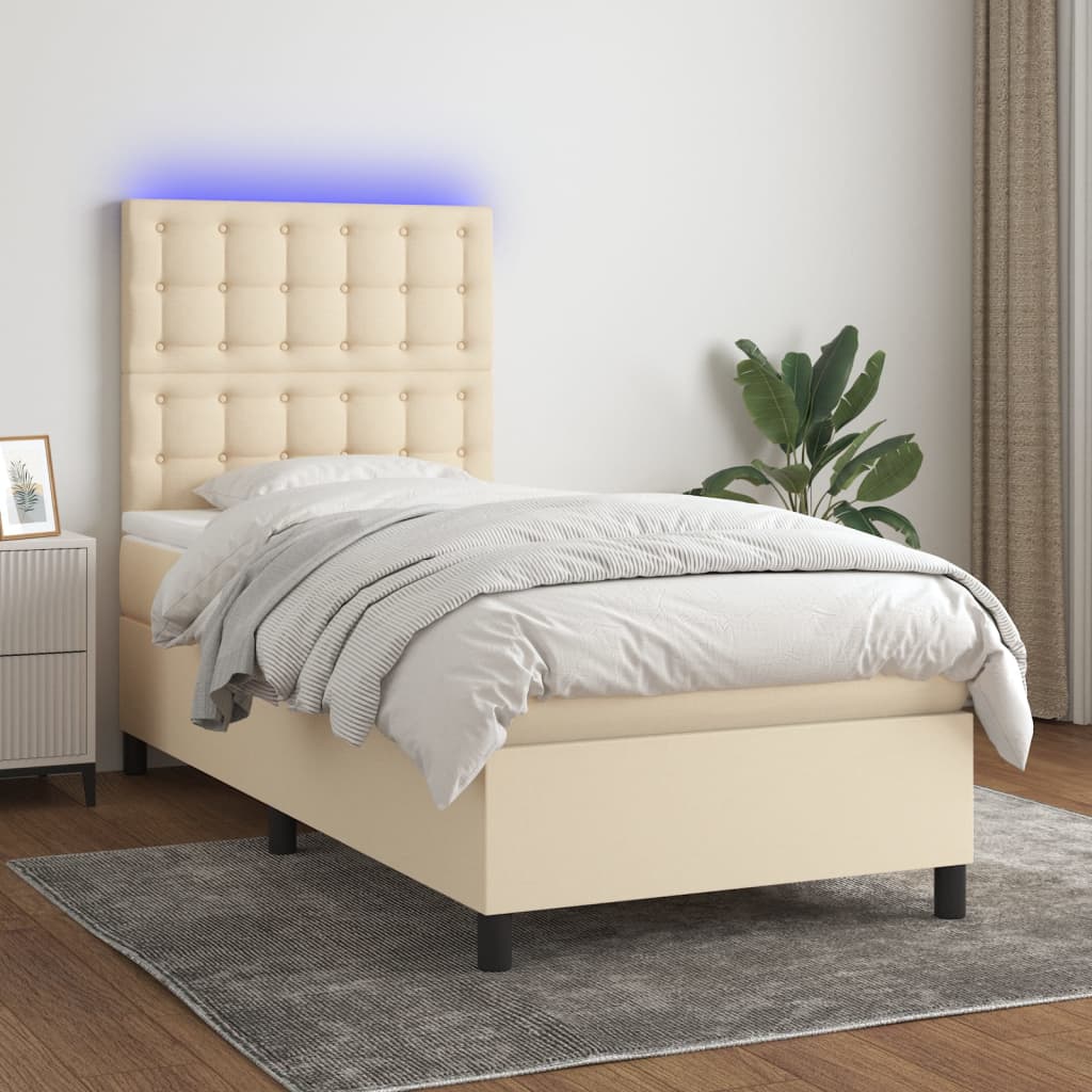 krémszínű szövet rugós és LED-es ágy matraccal 80 x 200 cm