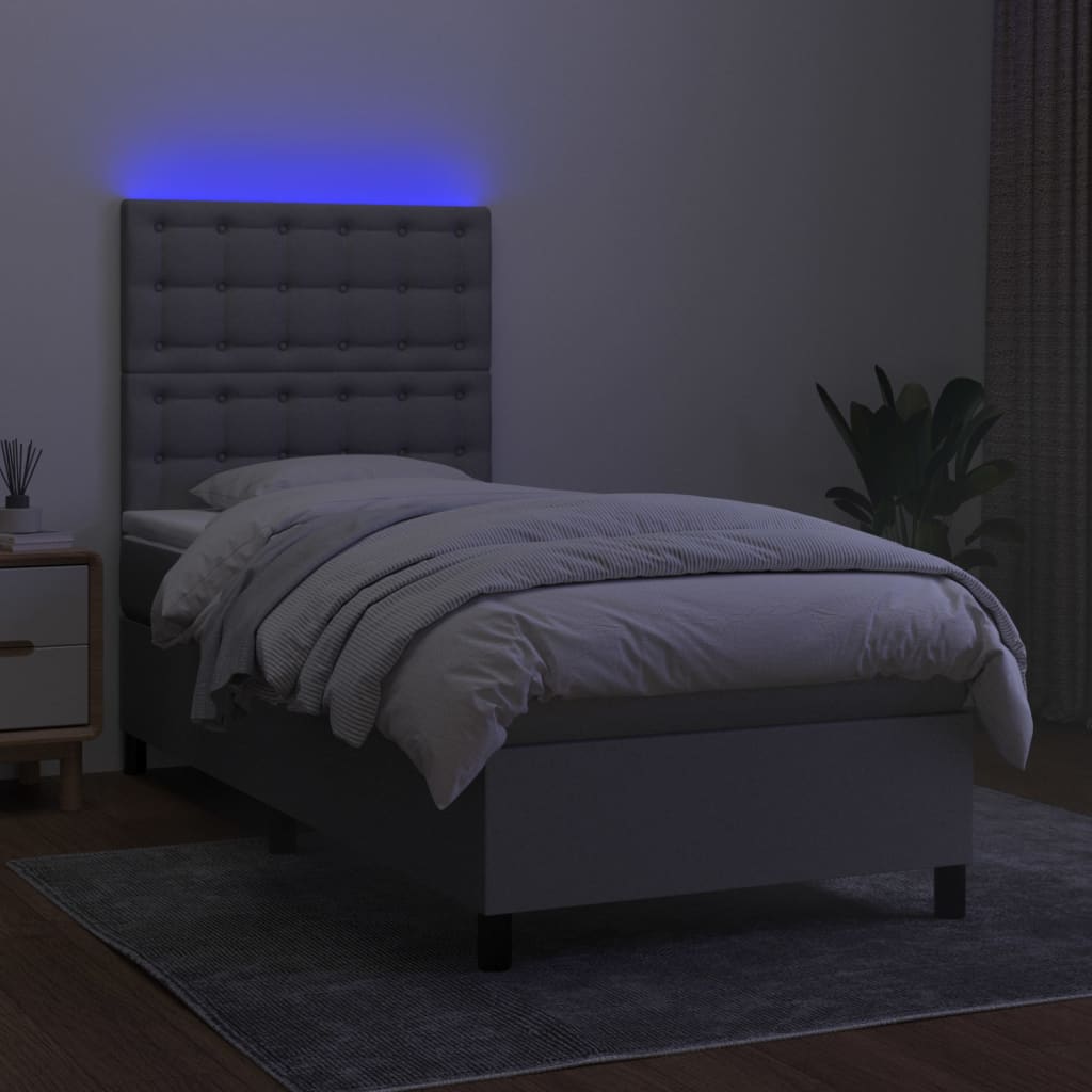 világosszürke szövet rugós és LED-es ágy matraccal 90x190 cm