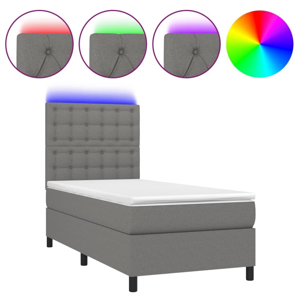sötétszürke szövet rugós és LED-es ágy matraccal 90x190 cm