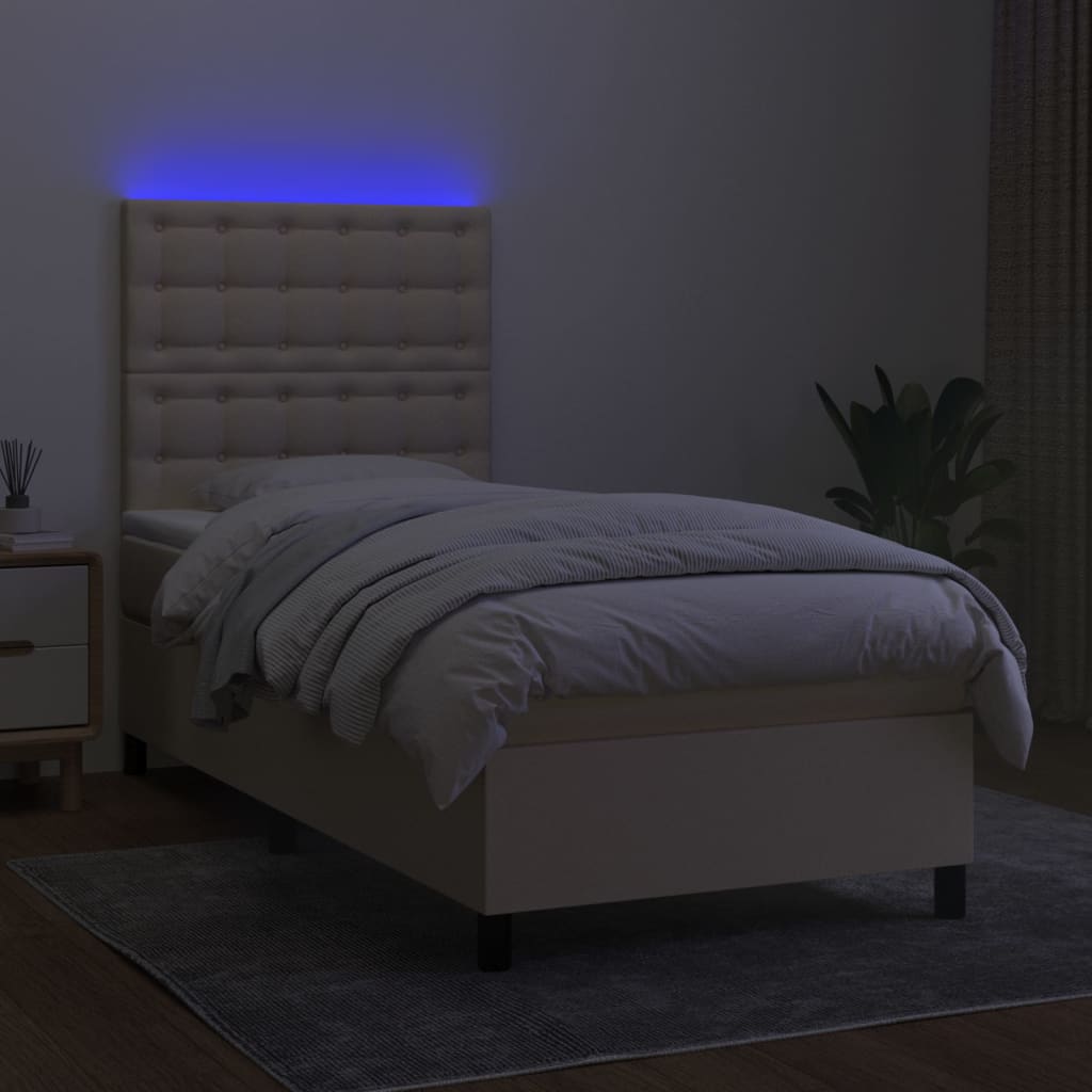 krémszínű szövet rugós és LED-es ágy matraccal 90x190 cm