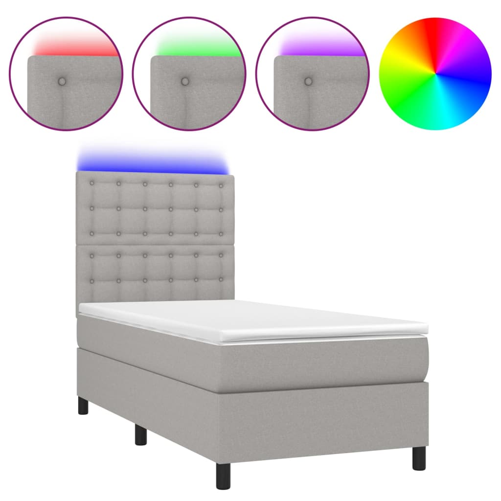 világosszürke szövet rugós és LED-es ágy matraccal 90x200 cm