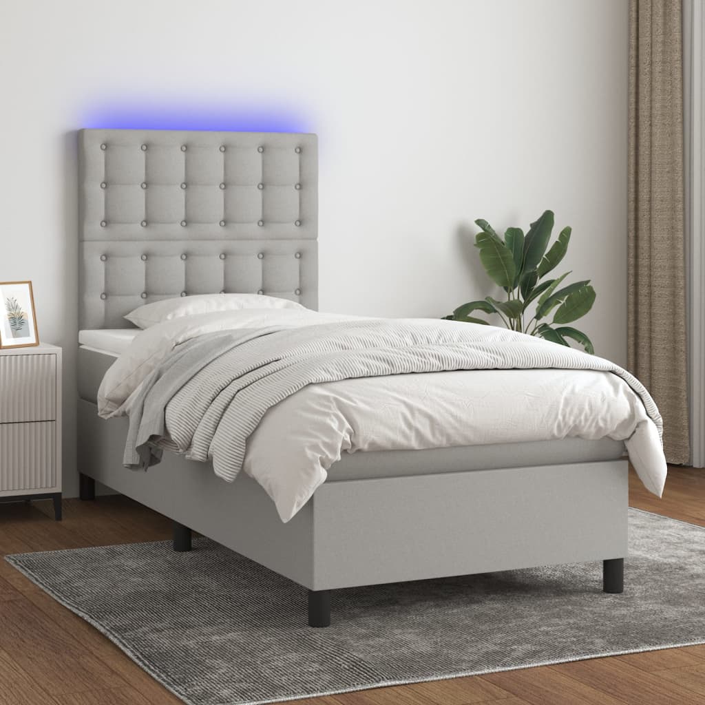 világosszürke szövet rugós és LED-es ágy matraccal 100x200 cm