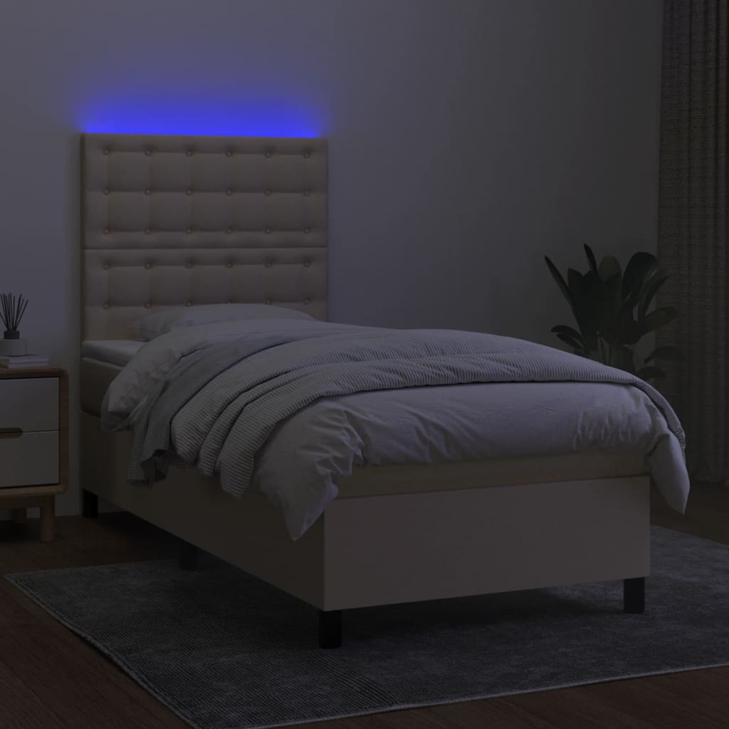 krémszínű szövet rugós és LED-es ágy matraccal 100x200 cm