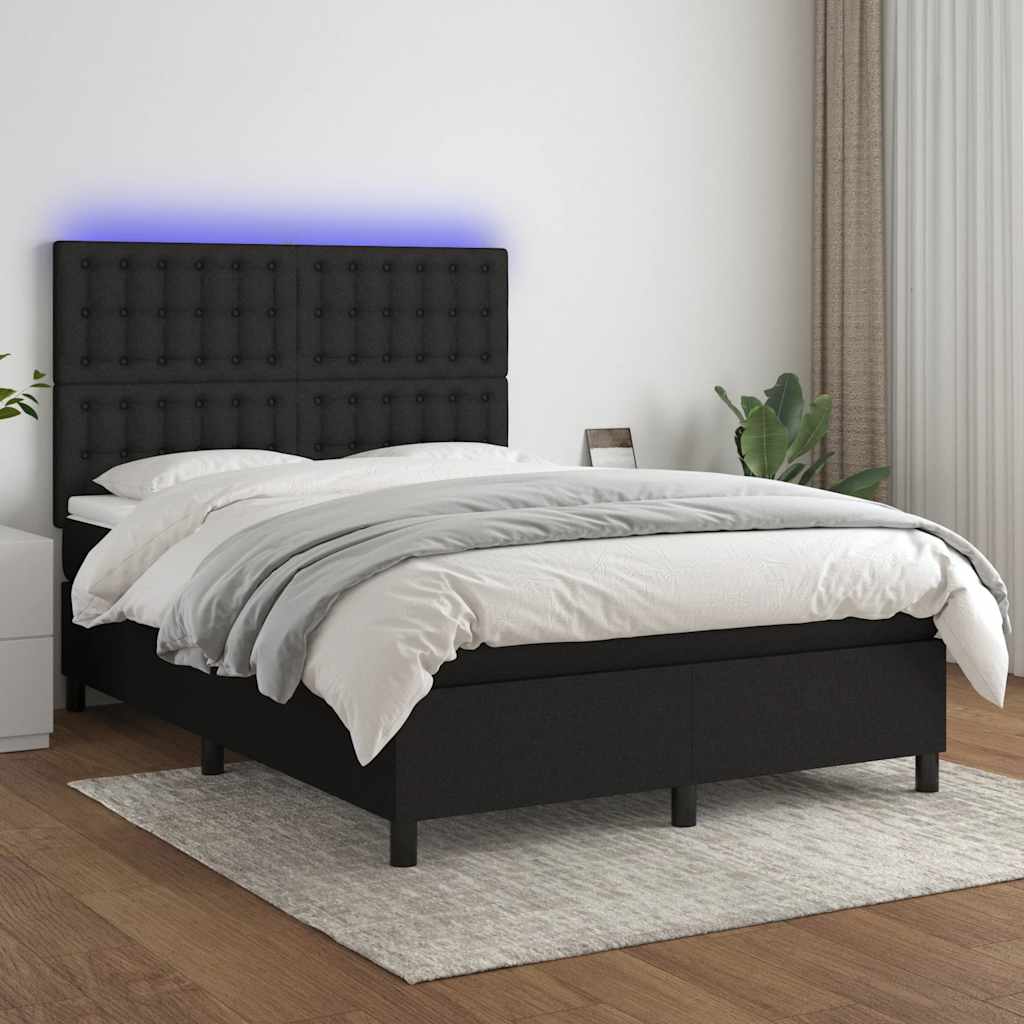 fekete szövet rugós és LED-es ágy matraccal 140x200 cm
