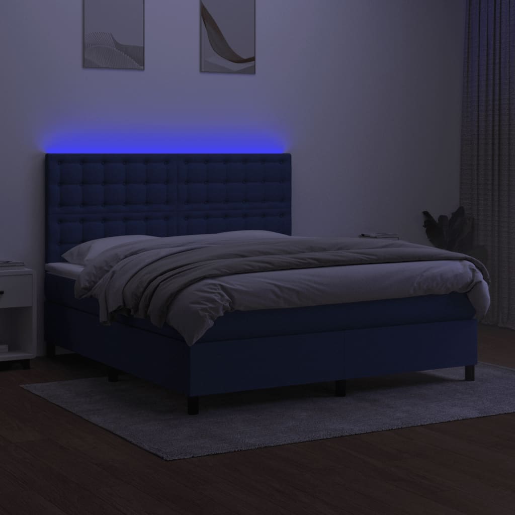 kék szövet rugós és LED-es ágy matraccal 160x200 cm