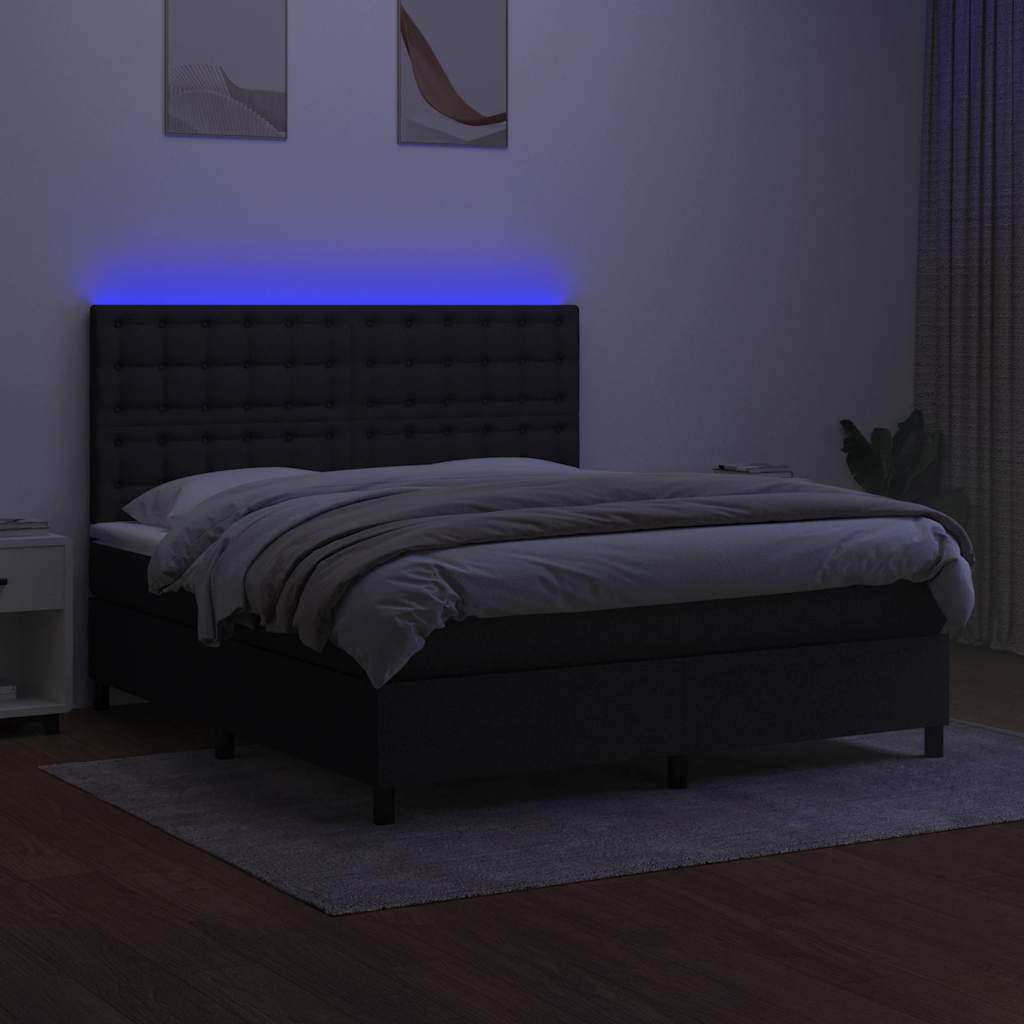 fekete szövet rugós és LED-es ágy matraccal 180 x 200 cm