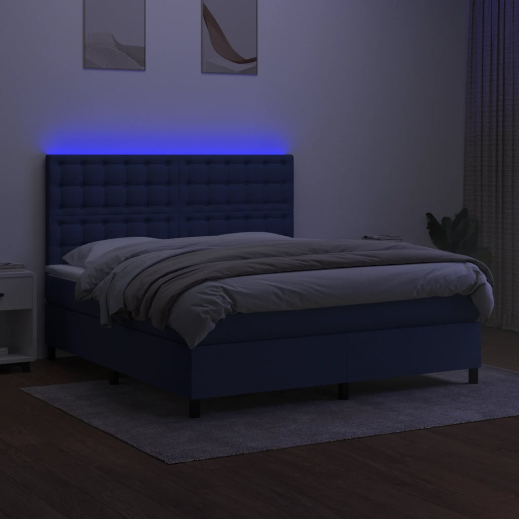 kék szövet rugós és LED-es ágy matraccal 180 x 200 cm