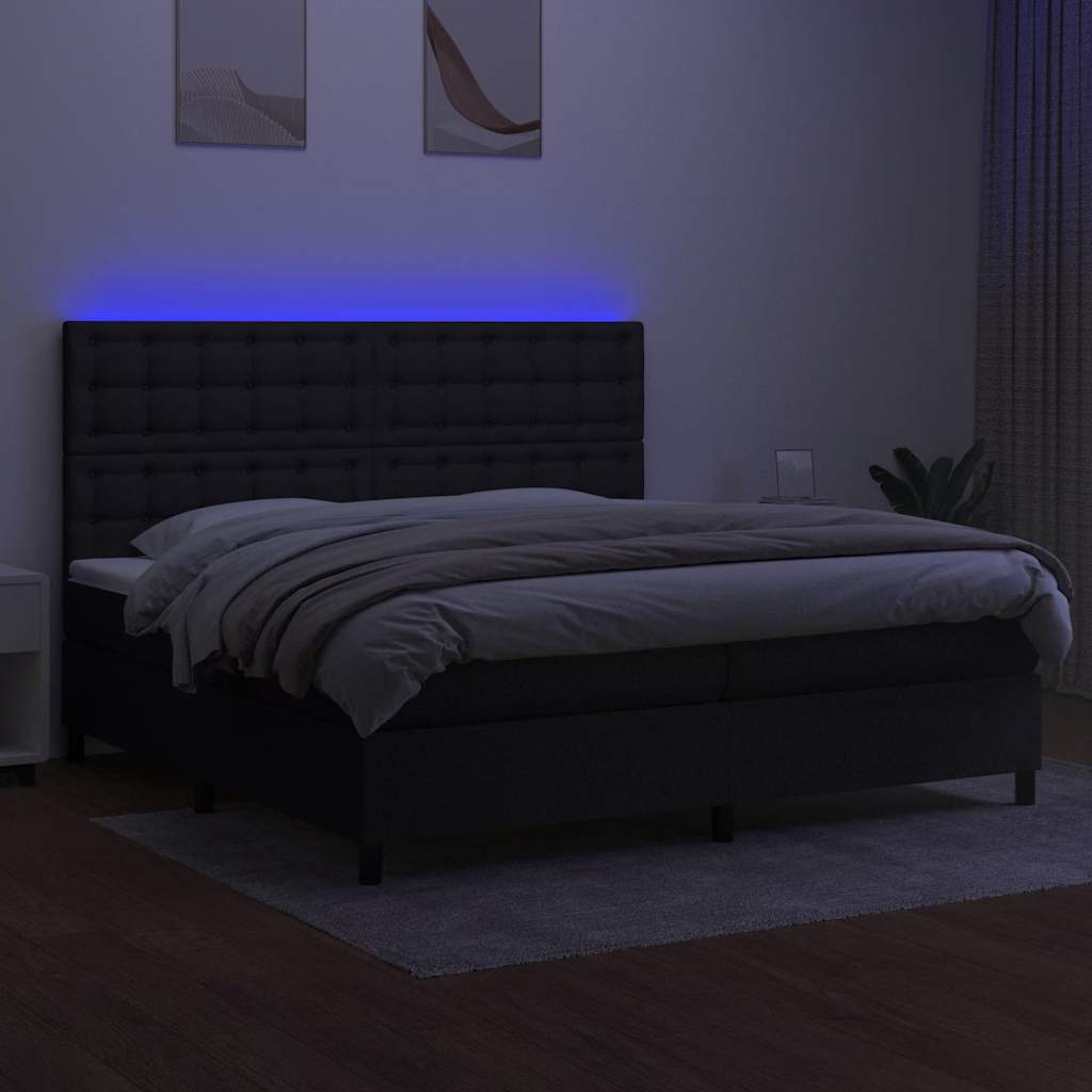 fekete szövet rugós és LED-es ágy matraccal 200x200 cm