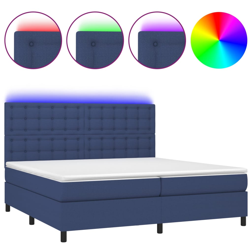 kék szövet rugós és LED-es ágy matraccal 200 x 200 cm